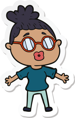 Bir insan tarafından çizilmiş gözlüklü bir karikatür kadının çıkartması.