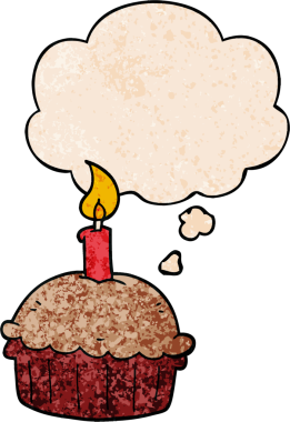 Bir insan tarafından çizilmiş grunge desenli düşünce baloncuklu doğum günü pastası.