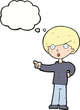 Bir insan tarafından çizilmiş düşünce kabarcığı olan çizgi film çocuğu.