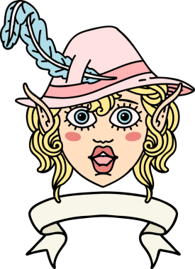 Retro Dövme Biçimi Elf karakter yüzü Bir insan tarafından çizilmiş pankartıyla