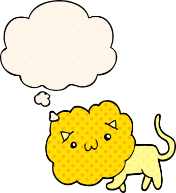 Çizgi roman tarzında düşünce balonu olan çizgi film aslanı bir insan tarafından çizilmiş.