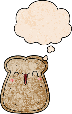 Bir insan tarafından çizilmiş grunge desenli düşünce baloncuklu tatlı bir tost dilimi.