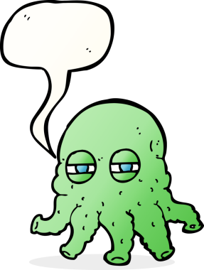 Bir insan tarafından çizilmiş konuşma baloncuklu uzaylı yüzü.