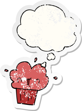 Düşünce baloncuklu çizgi film keki bir insan tarafından çizilmiş yıpranmış bir çıkartma.