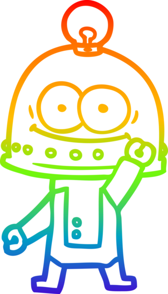 Gökkuşağı gradyan çizgisi mutlu bir karton robot çizimi ve bir insan tarafından çizilmiş ampul.