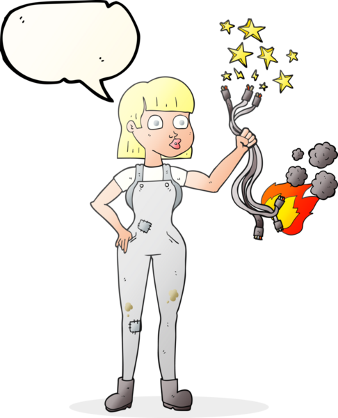 Bir insan tarafından çizilmiş serbest konuşma balonu karikatürü kadın elektrikçi