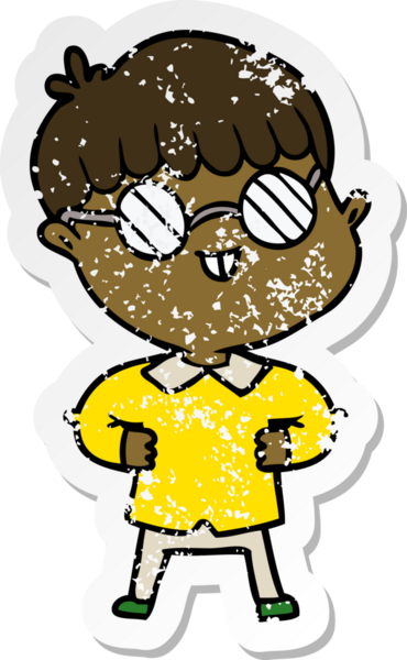 Bir insan tarafından çizilmiş gözlük takan çizgi film karakterinin sıkıntılı çıkartması.