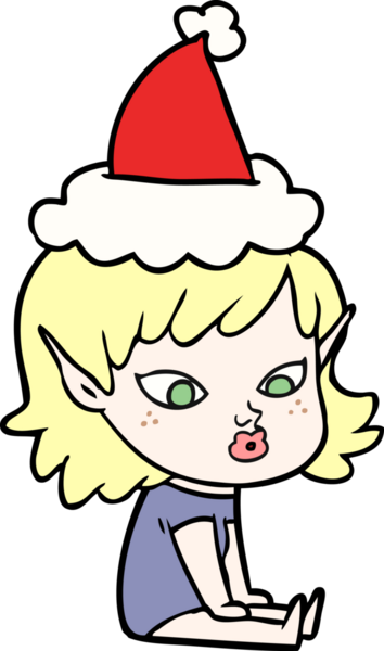 Bir insan tarafından çizilmiş Noel Baba şapkası giymiş güzel bir elf kızı çizimi.