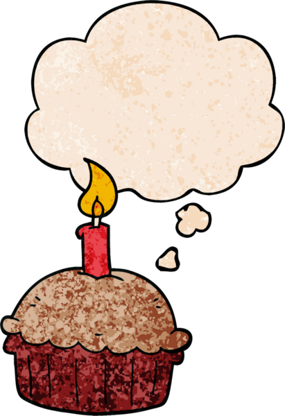 Bir insan tarafından çizilmiş grunge desenli düşünce baloncuklu doğum günü pastası.