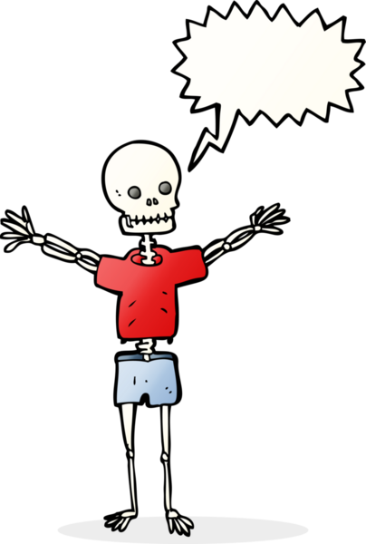 Bir insan tarafından çizilmiş konuşma baloncuklu kıyafet içinde bir iskelet.