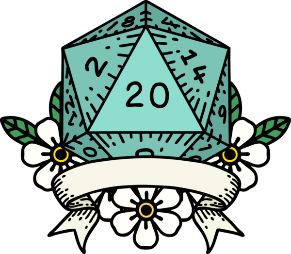 Retro Dövme Biçimi Doğal 20 kritik vuruş D20 zar bir insan tarafından çizildi