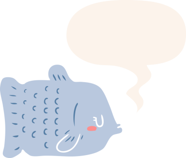 bir insan tarafından çizilmiş, konuşma baloncuklu çizgi film balığı.