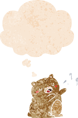 Düşünce baloncuğu ile şarkı söyleyen çizgi film ayısı grunge sıkıntılı retro dokuma bir insan tarafından çizilmiş