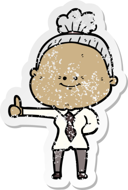 Bir insan tarafından çizilmiş mutlu, yaşlı bir kadının sıkıntılı çıkartması.