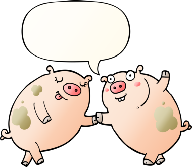 Çizgi filmdeki domuzlar konuşma baloncuğuyla bir insan tarafından çizilmiş gibi dans ediyorlar.