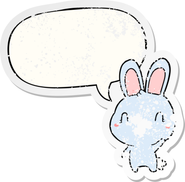 Tatlı çizgi film tavşanı konuşma baloncuğuyla sallanıyor. Bir insan tarafından çizilmiş sıkıntılı eski bir çıkartma.