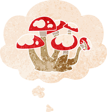 Düşünce baloncuklu karikatür mantarları grunge sıkıntılı retro desen bir insan tarafından çizilmiş