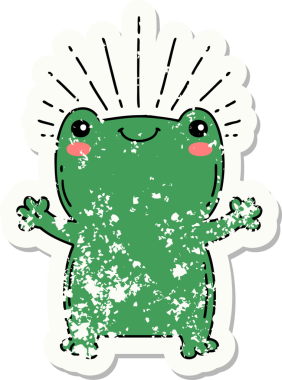 Dövme stili eski bir çıkartma. Bir insan tarafından çizilmiş mutlu kurbağa.