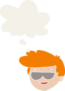 Düşünce baloncuklu güneş gözlüğü takan çizgi film çocuğu bir insan tarafından çizilmiş.