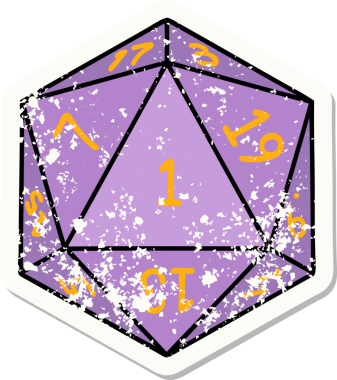 Bir insan tarafından çizilmiş 1 D20 zarının grunge sticker 'ı