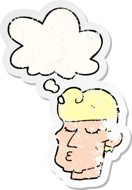 Düşünce baloncuğu olan karikatür yakışıklısı bir insan tarafından çizilmiş yıpranmış bir çıkartma.