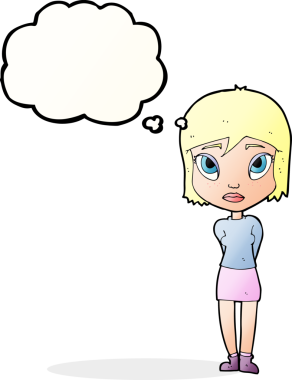 Bir insan tarafından çizilmiş düşünce balonu olan utangaç bir kız.