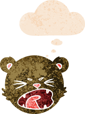 Düşünce baloncuğu ve grunge dertli eski moda bir insan tarafından çizilmiş sevimli çizgi film ayıcık suratı.