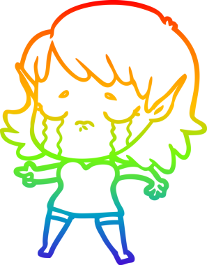 Gökkuşağı gradyan çizgi çizimi Bir insan tarafından çizilmiş ağlayan elf kızı