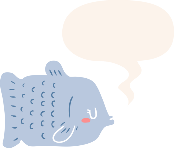 bir insan tarafından çizilmiş, konuşma baloncuklu çizgi film balığı.