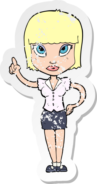 Bir insan tarafından çizilmiş, karikatürlü, kederli, güzel bir kızın retro yapıştırması.