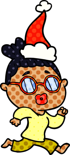 Bir insanın çizdiği Noel Baba şapkası takan bir kadının el çizimi çizgi roman tasviri.