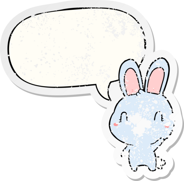 Tatlı çizgi film tavşanı konuşma baloncuğuyla sallanıyor. Bir insan tarafından çizilmiş sıkıntılı eski bir çıkartma.