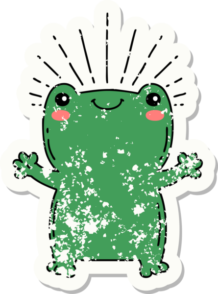 Dövme stili eski bir çıkartma. Bir insan tarafından çizilmiş mutlu kurbağa.