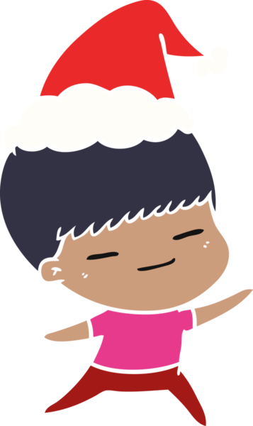 Bir insan tarafından çizilmiş Noel Baba şapkası giyen kendini beğenmiş bir çocuğun düz renkli çizimi.