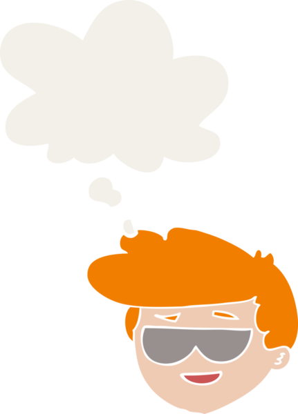 Düşünce baloncuklu güneş gözlüğü takan çizgi film çocuğu bir insan tarafından çizilmiş.