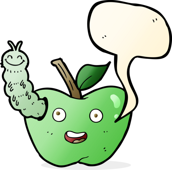 bir insan tarafından çizilmiş konuşma balonlu bir böcek ile çizgi film elması