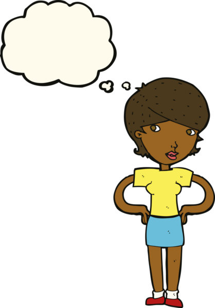 Bir insan tarafından çizilmiş düşünce baloncuğu olan elleri kalçasında çizgi film kadını.