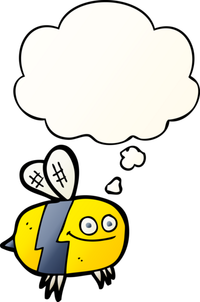 Bir insan tarafından çizilmiş yumuşak eğimli düşünce baloncuklu çizgi film arısı.