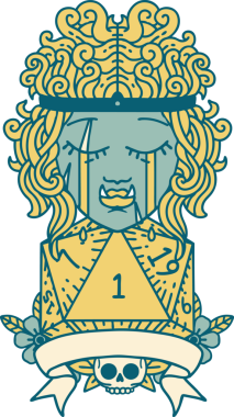 Retro Dövme Tarzı Ağlayan Ork Barbar Karakteri Bir insan tarafından çizilmiş doğal D20 rulosu