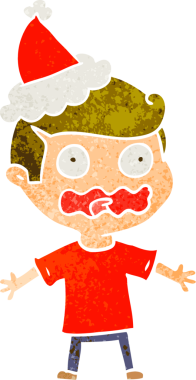 Bir insanın çizdiği Noel Baba şapkasıyla strese girmiş bir adamın el çizimi karikatürü.