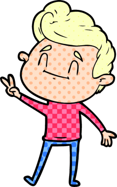 Mutlu çizgi film adamı bir insan tarafından çizilmiş bir barış işareti veriyor.