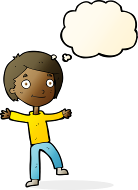 Bir insan tarafından çizilmiş düşünce baloncuğu olan heyecanlı çocuk.