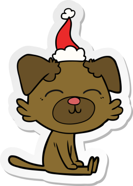 Bir insan tarafından çizilmiş Noel Baba şapkası takan bir köpeğin el yazısı.