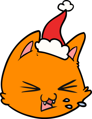 Bir insan tarafından çizilmiş Noel Baba şapkası giymiş kedi suratlı bir çizim.