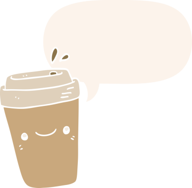 Bir insan tarafından çizilmiş, konuşma baloncuklu çizgi film hazır kahve.