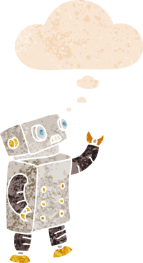 grunge 'da düşünce baloncuğu olan karikatür robotu bir insan tarafından çizilmiş gerilimli retro stil