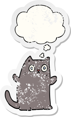 Düşünce baloncuğu olan çizgi film kedisi insan tarafından çizilmiş yıpranmış bir çıkartma.