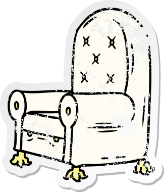 Bir insan tarafından çizilmiş mavi bir koltuğun çizilmiş, kederli bir çıkartma karikatürü.