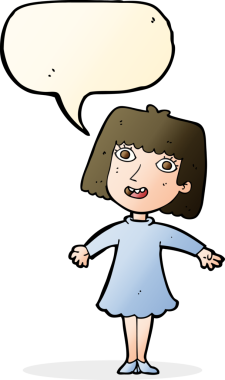 Bir insan tarafından çizilmiş, konuşma balonu olan mutlu bir kadın.