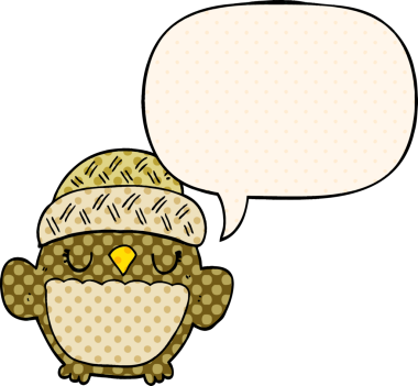 Bir insan tarafından çizilmiş çizgi roman tarzında konuşma balonu olan şapkalı sevimli bir baykuş.